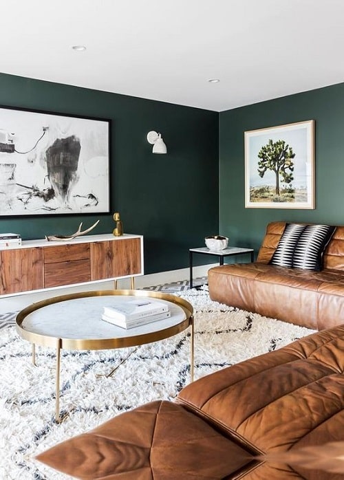 Design interior living pereti verzi canapea piele maro